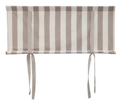 Filippa beige hissgardin med breda beige och naturvita ränder samt dekorativa knytband framtill.