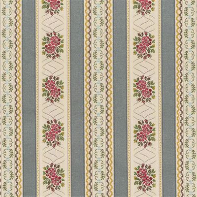 Randigt möbeltyg Bianca i ljusgrått med vävda blomsterbårder och klassiskt mönster i rött och grönt