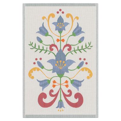 Svensktillverkad kökshandduk med blå blommönster, tillverkad av GOTS-certifierad ekologisk bomull.
