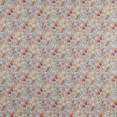 Helbild av Verdelis gobelängtyg med ornamenterat blommönster i beige och ljusblå toner.