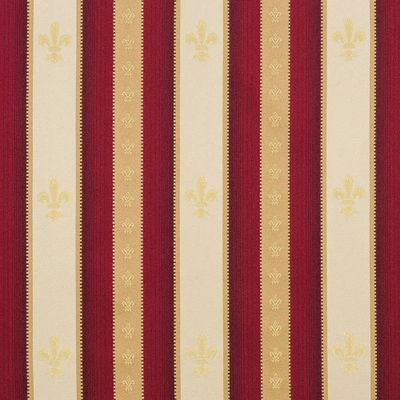Röd- och beigefärgat randigt jacquardtyg med gyllene fleur-de-lys-motiv för möbelklädsel.
