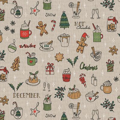 Doodle beige tyg med julmotiv och linnebotten, Oeko-Tex certifierad