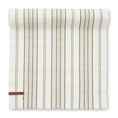 Beige bordslöpare med klassiskt randigt mönster i naturnära toner, Linara 35x120 cm.