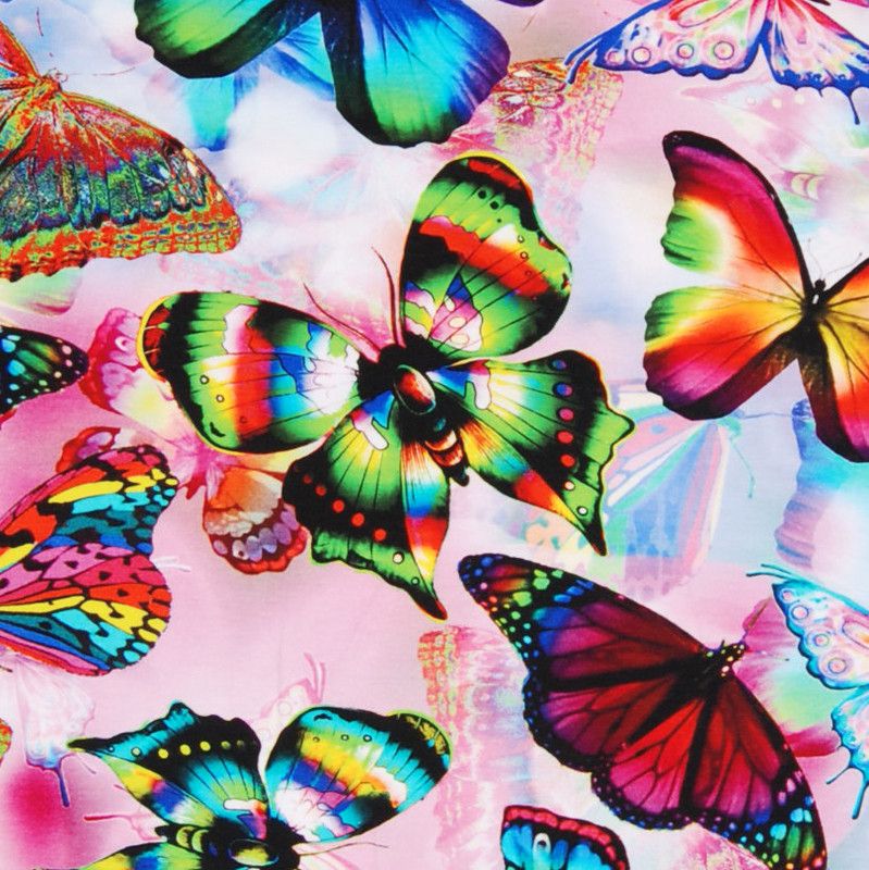 Regnbågs fjärilar- Digitaltryckt trikåtyg med fjärilar och kvistar