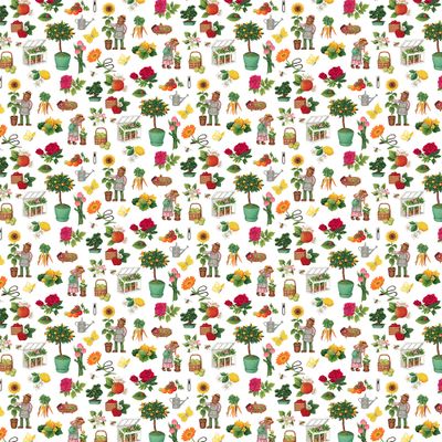 Gräv & Gro multi tyg visat över hela bredden med trädgårdsmotiv och färgrika illustrationer