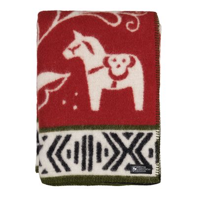 Dalarna röd ullfilt i lammull med dalahästar och kurbits, design Kerstin Landström