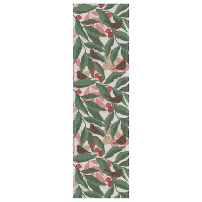 Lövkvist bordslöpare 35x120 cm med gröna blad, fåglar och röda bär, vävd i ekologisk bomull från Ekelund