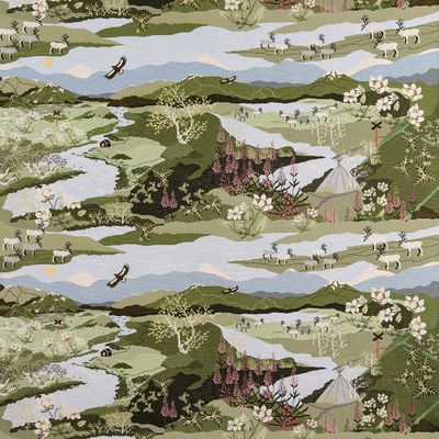 Gobelängtyg Fjällvandring ljusgrön med naturscener, fjäll och blommande landskap.