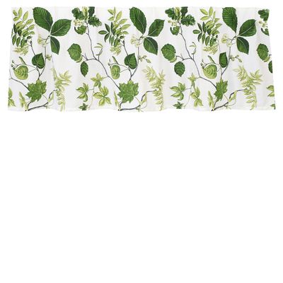 Gardinkappa på metervara med vit botten och grönska, blad i grönt från Arvidssons Textil.