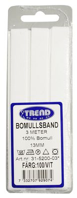 Färdig förpackat bomullsband i vitt, 3 meter långt och 13mm brett, sybehör.
