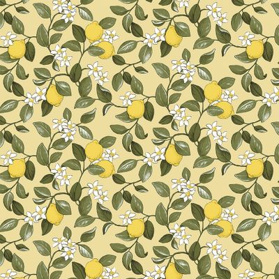 Gult tyg med mönster av citroner, gröna blad och vita blommor på ljusgul botten