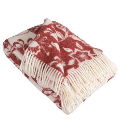 Ullpläd i rött med dalahästar och dekorativa fransar