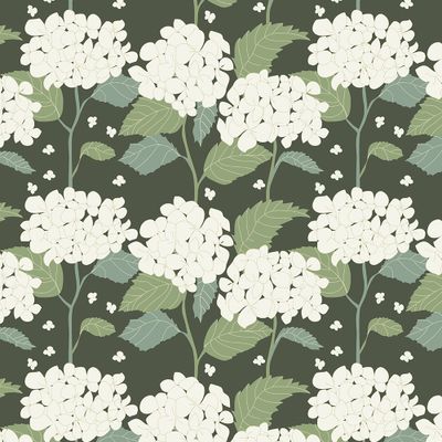 Detaljbild av Hortensia grön tyg metervara från Arvidssons Textil – mönstrat halvpanama i 100 % bomull med grön blomdesign och 23 cm mönsterrapport.