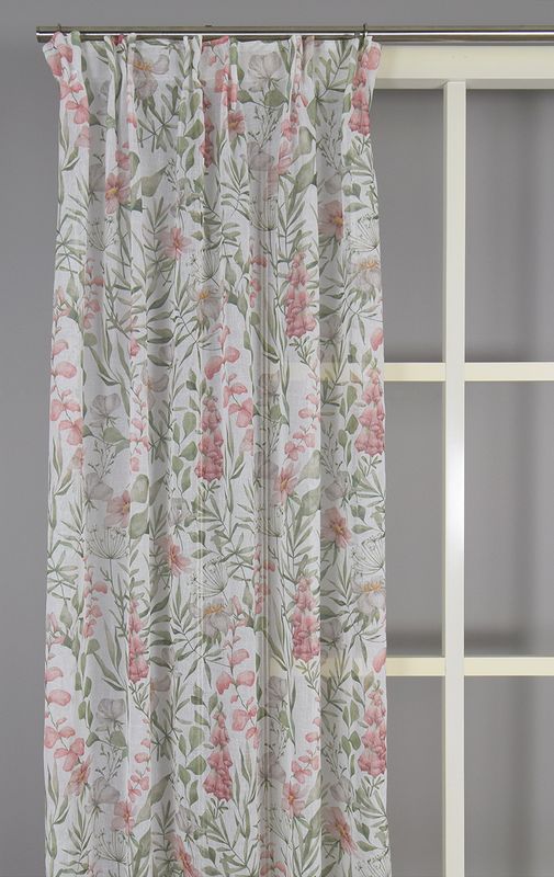 Luftiga vita gardiner med ett lekfullt tryck av rosa flora, utrustade med ett multifunktionellt upphängningsband för flexibel upphängning.
