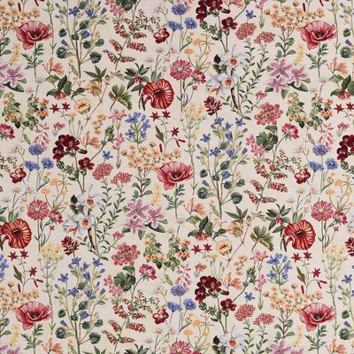 Josephine beige gobeläng med detaljerat blomsterängsmönster i rött, rosa, blått och grönt på ljus beige botten