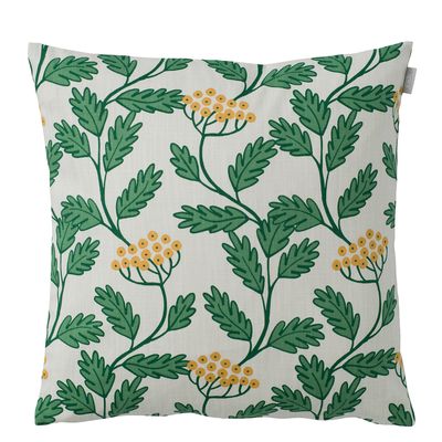 Kuddfodral i grönt med renfana-mönster och senapsgula blommor från Spira of Sweden, 50x50 cm