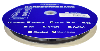 En hel rulle med självhäftande kardborreband på 25m i svart och 20mm sybehör.