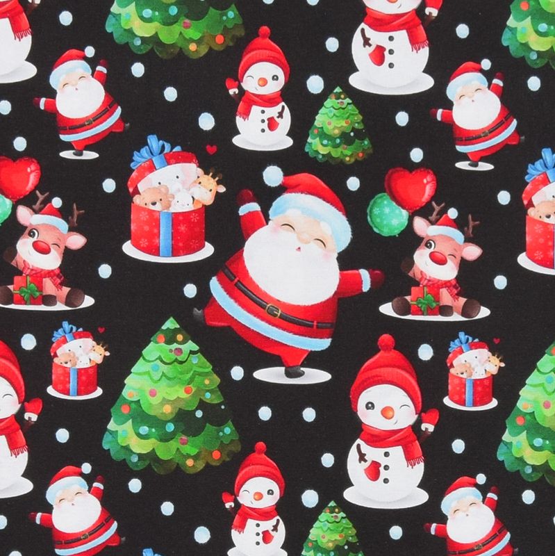 Tomte och snöbollar svart trikåtyg med jul motiv - nordisktextil.se
