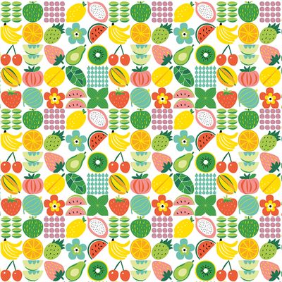 Upprepat mönster med frukter som citroner, apelsiner, jordgubbar och blad i klara färger