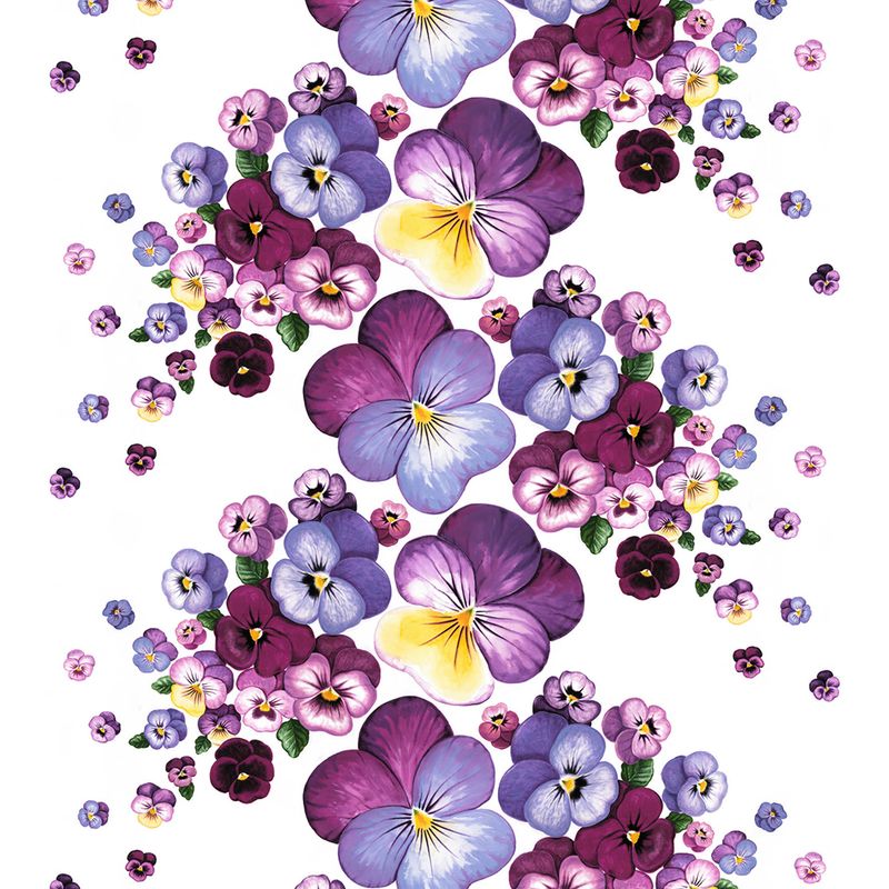 Tyg på metervara med vit botten i bomull med violer på mitten i olika lila och rosa nyanser från Arvidssons textil.