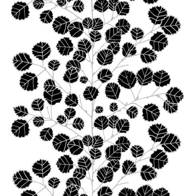 Al vit-svart - tyg på metervara med vit botten i bomull med stora svarta al blad från Arvidssons textil.