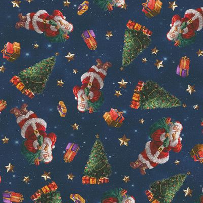 Närbild på Classic Santa-tyg med tomtar, julgranar och paket mot blå stjärnhimmel