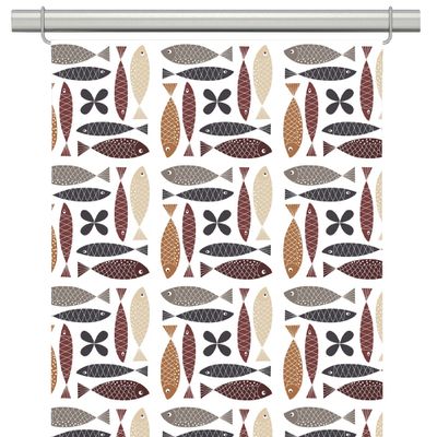 Panelgardiner med fiskmönster i rost, beige och grå toner på ljus botten
