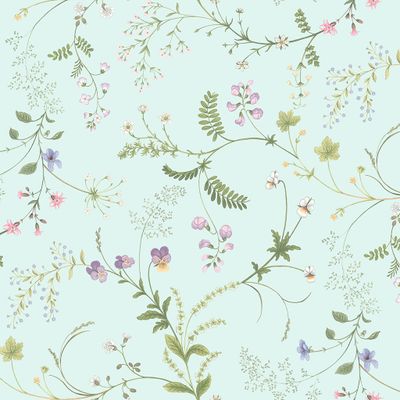 Närbild av Blomsteryra ljusblå gardinkappa i milda färger