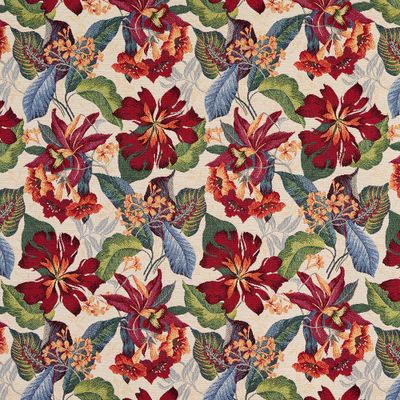 Gobelängtyg Marcela beige med stora röda och orange exotiska blommor och gröna blad mot ljus beige botten.