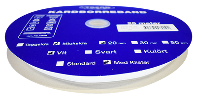 En hel rulle med självhäftande mjuk kardborreband på 25m i vitt och 20mm sybehör.