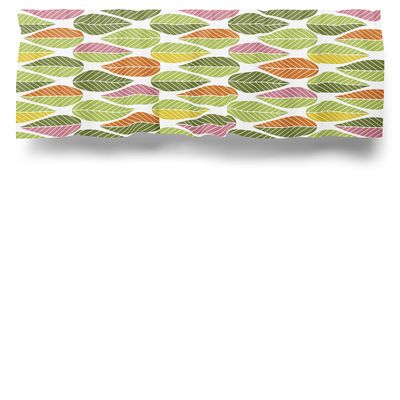 Retro gardinkappa med stora blad i grönt, gult, orange och rosa på offwhite botten.