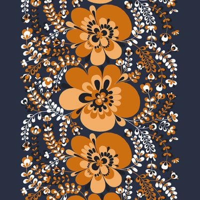 Textilvaxduk Viveka marin-orange är tryckt på Arvidssons klassiska bomullstyg design Minmona blomstrande design och behandlat med akrylat i Sverige för att säkerställa hög kvalitet och hållbarhet.
