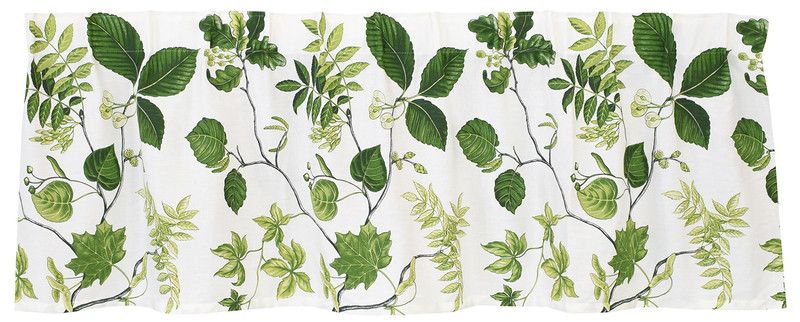 Gardinkappa på metervara med vit botten och grönska, blad i grönt från Arvidssons Textil.