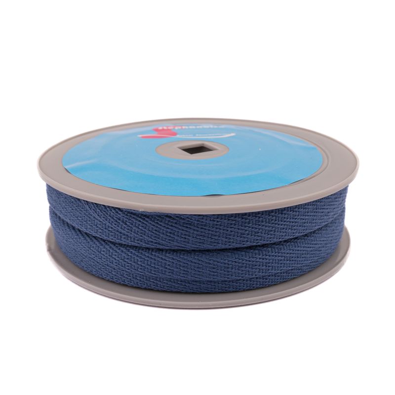 Slätt blått möbelband i 100% polyester, 15mm bred, metervara för tapetsering med känsla av bomull.