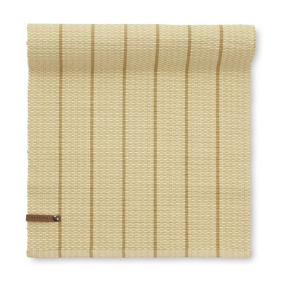 Gul bordslöpare med diskret randigt mönster i olika gula nyanser, storlek 35x120 cm.