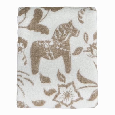 Vikt ullpläd i beige med dalahästar och blommönster
