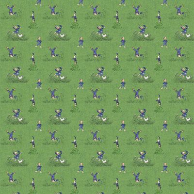 Emils Glädjeskutt grön bomullstyg som visar hela tygets bredd med Emil i Lönneberga och naturmotiv