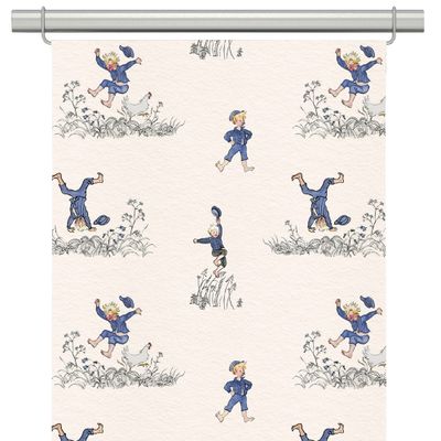 Panelgardiner med Emils glädjeskutt där Emil i Lönneberga syns hoppa och springa mot beige botten.