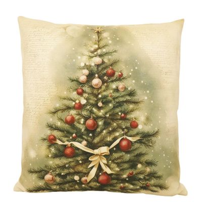 Julkuddfodral med sammetskänsla och motiv av en dekorerad julgran i varma beige och gröna toner.
