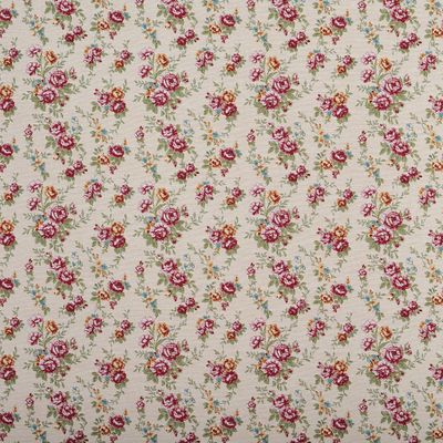 Nina beige jacquardvävt möbeltyg med små rosor i rosa, vinrött och aprikos samt gröna blad på ljus beige botten.