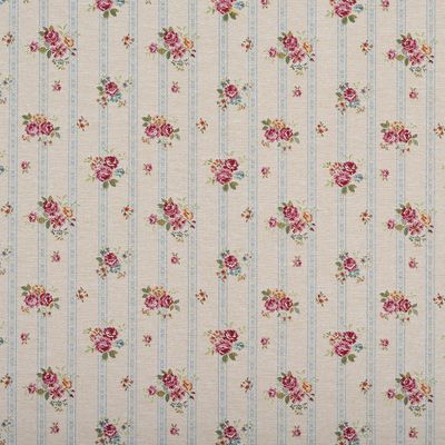 Romie beige jacquardvävt möbeltyg med små rosbuketter i rosa och vinrött samt tunna ljusblå ränder på beige botten.
