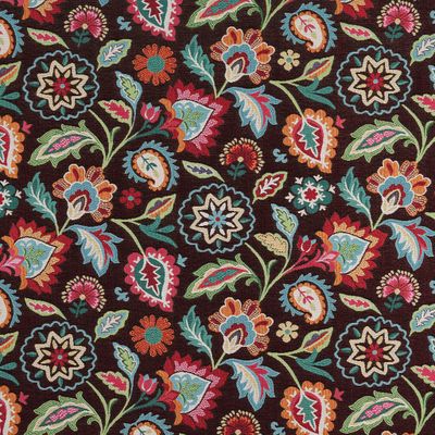 Shaman svart jacquardvävt möbeltyg med detaljrikt blommönster i rött, rosa, turkos, grönt och orange mot mörk botten.