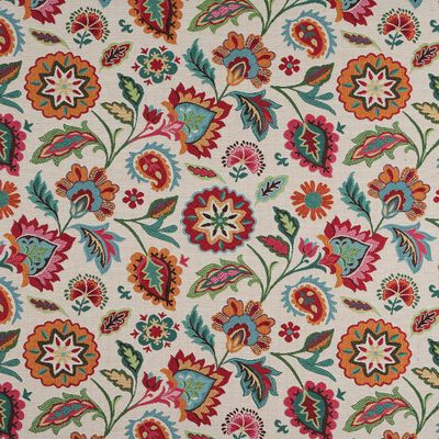 Shaman beige jacquardvävt möbeltyg med detaljrikt blommönster i rött, rosa, turkos, grönt och orange mot ljus beige botten.