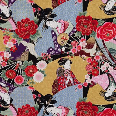 Sayuri tyg i 100% bomull med färgstarkt japanskinspirerat motiv av kvinnor, röda och rosa blommor, tranor och solfjädrar.