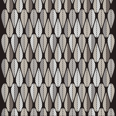 Närbild av det grafiska bladmönstret på Blader svart kuddfodral i svart, beige och grå färgskala.