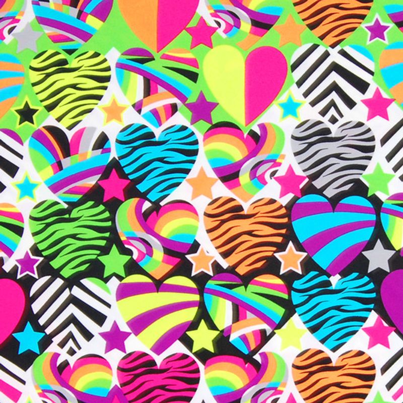 Mönstrad Badlycra tiger hjärtan - Badlycra med snirkligt mönster i neon på metervara online för badkläder och träningskläder.