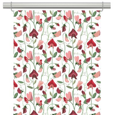 Panelgardiner med rött och rosa blomstermönster inspirerat av luktärt