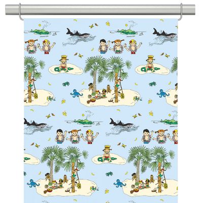 Panelgardiner med Kurrekurreduttön där Pippi Långstrump syns bland palmer, öar och hav mot ljusblå botten.