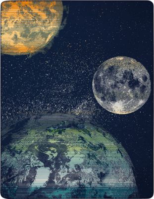 Cosmos filt med planeter, stjärnor och rymdmotiv i mörkblå och gröna toner