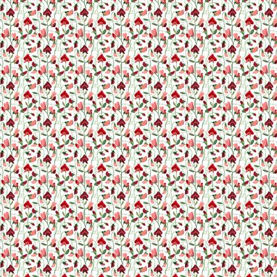 Luktärt röd tyg visat över hela bredden med tätt blommönster i rött, rosa och grönt